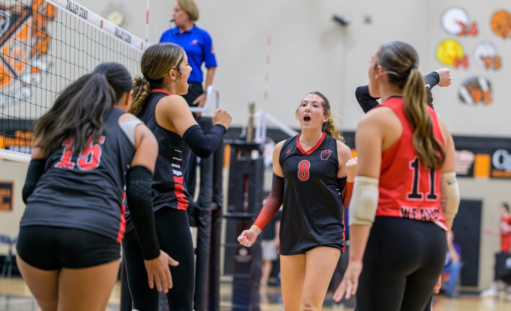 High school volleyball players celebrate enthusiastically on the indoor court during a match.
